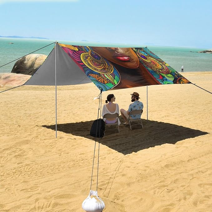 ALAZA African American Woman Bohomian Beach Tent Sun Shelter UPF50+ Protection Beach Shade Canopy w/ 4 Sandbags for Outdoor Camping Fishing Backyard Fun Picnic 10x9 ft