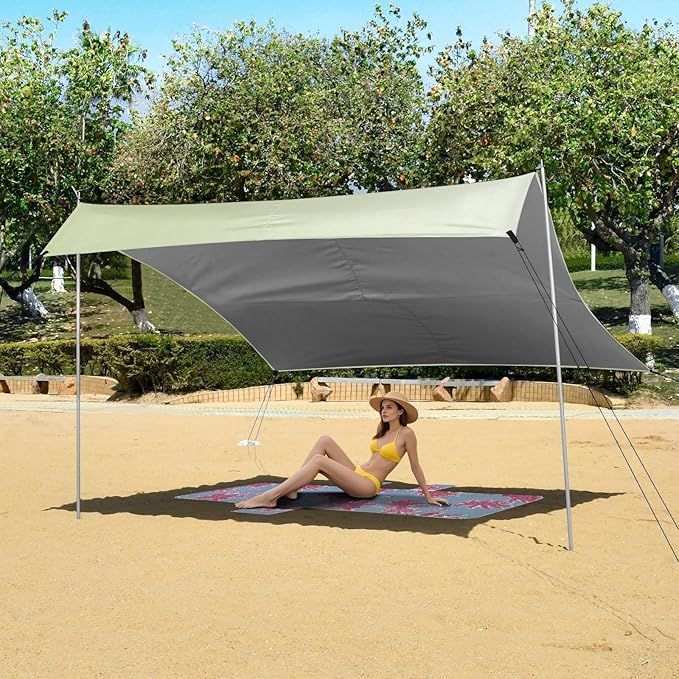 Cyan Blue Gradient Foldable Beach Canopy UPF50+ Protection Lightweight Shade Sun Shelter Includes Sand Shovel Sandbags Stability Poles for Camping Picnics Backyard