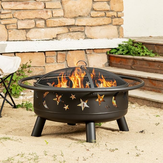 32 Round Wood Burning Fire Pit with Mesh Cover Fire Poker Star &amp Moon Cutouts Metal Outdoor Firepit for Patio Backyard Garden Bonfire Camping Christmas Thanksgiving Halloween