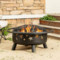 32 Round Wood Burning Fire Pit with Mesh Cover Fire Poker Star &amp Moon Cutouts Metal Outdoor Firepit for Patio Backyard Garden Bonfire Camping Christmas Thanksgiving Halloween