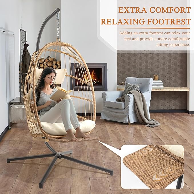 Hanging Egg Chair with Stand and Footrest for Indoor Outdoor - Patio Swing Egg Chairs Wicker Hammock Chair Bedroom Aluminum Steel Frame and UV Resistant Cushion 370LBS Capacity for Kids Adults Beige