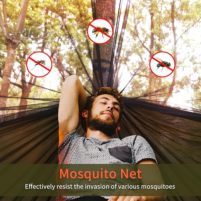 NewDoar Camping Hammock with Mosquito Net and Rain Fly TarpPortable Single Nylon Parachute Hammock Rainfly SetTree Straps Swing Hammock Bed for Outdoor Backpacking Backyard Hiking(ArmyGreen)