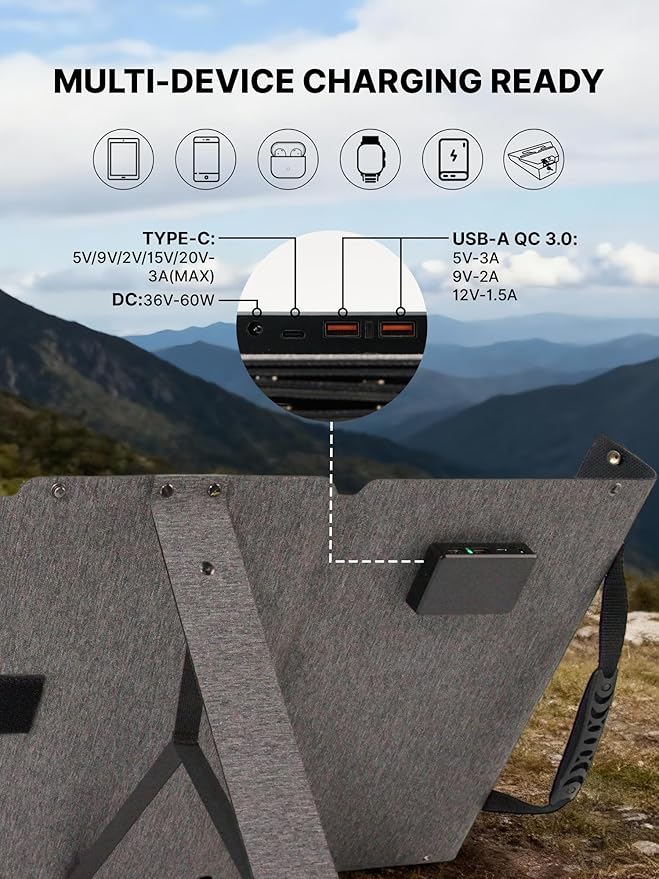 60W 36V Solar Panel for Starlink Mini Battery ETFE Portable Charger with USB-C PD &amp QC3.0 IP67 Waterproof Foldable Design
