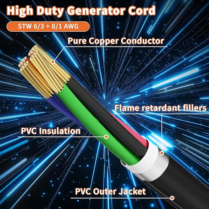 50 Amp Generator Cord and Power Inlet Box 30FT 50 Amp 125V/250V STW 6/3+8/1 AWG Pure Copper Generator Extension CordNEMA 14-50P Male to SS2-50R Twist Locking Connector ETL Listed