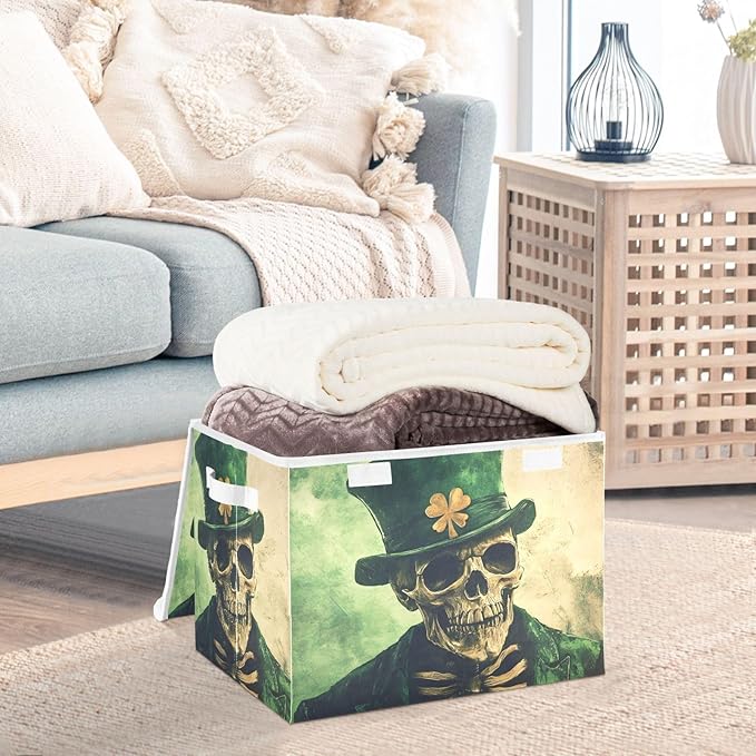Storage Cube with Lid Skeleton Saint Patrick’s Day Print 16.5×12.6×11.8 IN Collapsible Large Capacity Foldable Storage Basket Bin Organizer