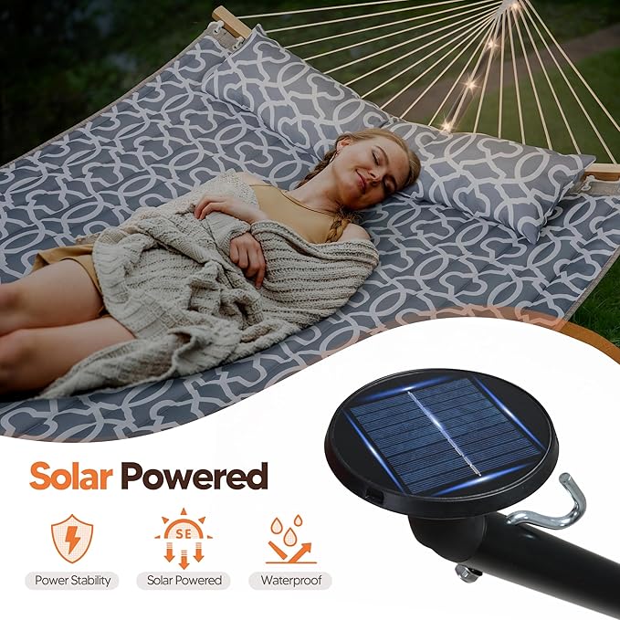 SUNCREAT Double Outdoor Hammock with 12 ft Stand Solar Powered Lights 2 Person Hammocks for Outside Grey