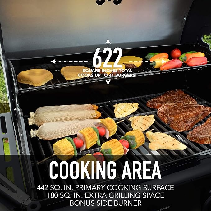 Kenmore 4-Burner Gas Grill with Side Burner Outdoor BBQ Grill Propane Gas Grill Cast Iron Cooking Grates Electronic Ignition Warming Rack Open Cart Design 53000 BTUs Black