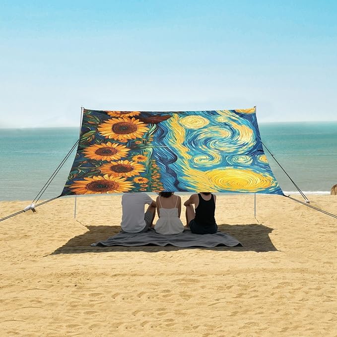 ALAZA Starry Sky Sunflowers Gogh Beach Tent Sun Shelter UPF50+ Protection Beach Shade Canopy w/ 4 Sandbags for Outdoor Camping Fishing Backyard Fun Picnic 10x9 ft