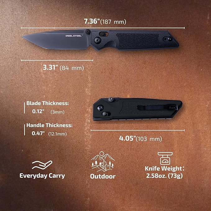 REALSTEEL SACRA Tac Pocket Knife Folding Knife Crossbar Lock 3.31 Böhler K110 Steel Blade Thumb Stud G10/Micarta Handle 2.58oz Deep-carry Pocket Clip EDC Outdoor Indoor Gifts for Men Women C