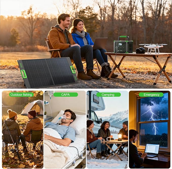 500W Portable Power Station (1000W Peak) 2x 110V AC Outlets &amp 60W USB-C PD 10-Output Portable Power Bank with Wireless Charger for Camping RV Travel and Home Emergency Power Backup Off-Grid Li
