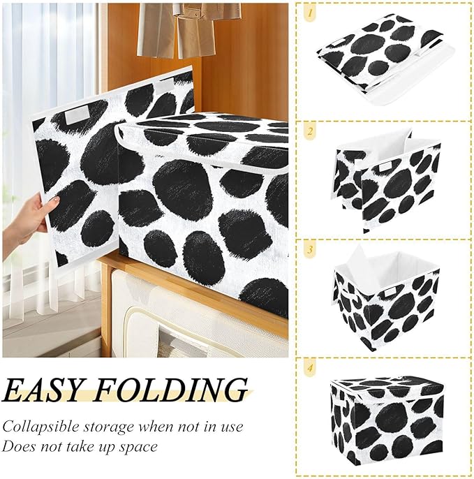 Storage Bins With Lid Stackable Fabric Closet Organizer Clothing Storage Large Boxes For Closet Shelves Bedroom Black White Cow Print