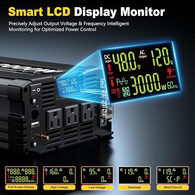 3000W Pure Sine Wave Inverter 48V DC to 120V AC–Heavy Duty Power Inverter for Off-Grid Solar SystemRVWashing Machine Refrigerator Freezer TV&ampAir Conditioner with LED Display and Remote Monito