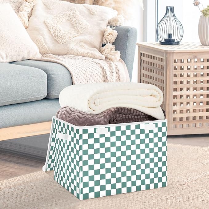 Teal Green White Checkered Storage Bins with Lids Foldable Storage Boxes Cube Closet Storage Baskets Container Organizers for Home Bedroom Office