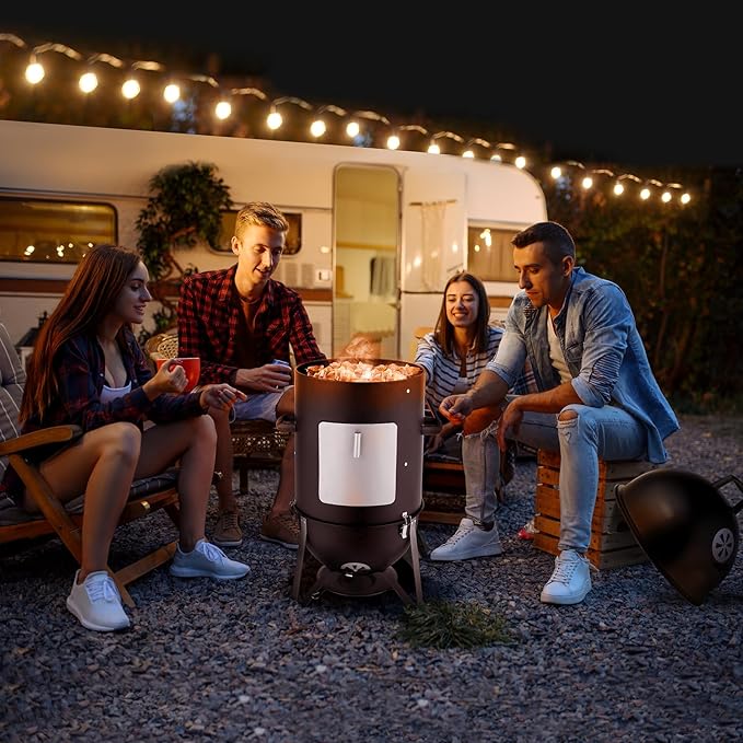 46.8 Vertical Steel Charcoal Smoker GrillHeavy Duty BBQ GrillsOutdoor Camping Backyard Barbecue GrillMetal Barbecue Smokerswith Thermometerfor Patio Garden Beach Porch Lawn Yard (Black)