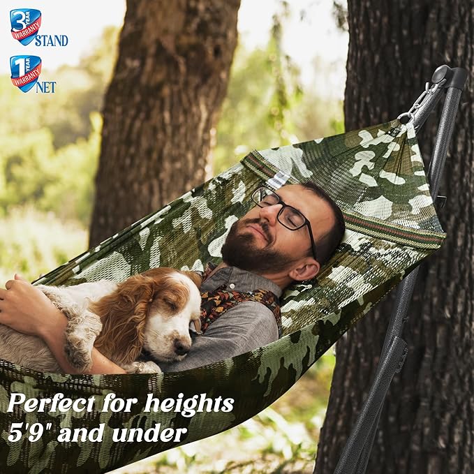 Tranquillo Uniki 550 lbs Capacity Hammock 3-Year Warranty 30s Folding Camping Hammock with Stand Portable Hammock for Indoor Outdoor Instant Setup No Screws Needed Camo