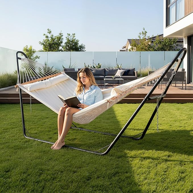 ONCLOUD Hammock with Stand for Outsides Heavy Duty Adjustable Double Hammock Set All-in-one Use Hammock with Stand for Outdoors Patio Garden Yard 550 LBS(White Set)