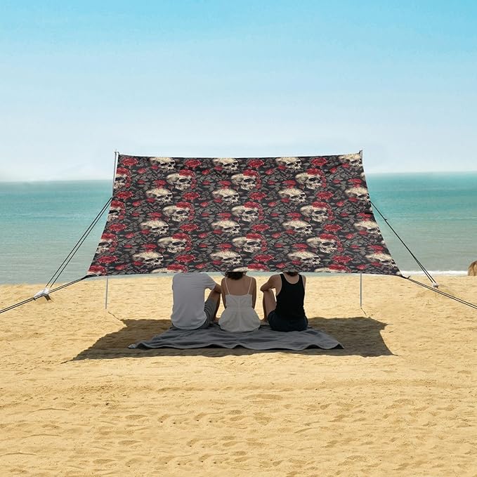 ALAZA Skull Red Rose Flower Floral Beach Tent Sun Shelter UPF50+ Protection Beach Shade Canopy w/ 4 Sandbags for Outdoor Camping Fishing Backyard Fun Picnic 10x9 ft
