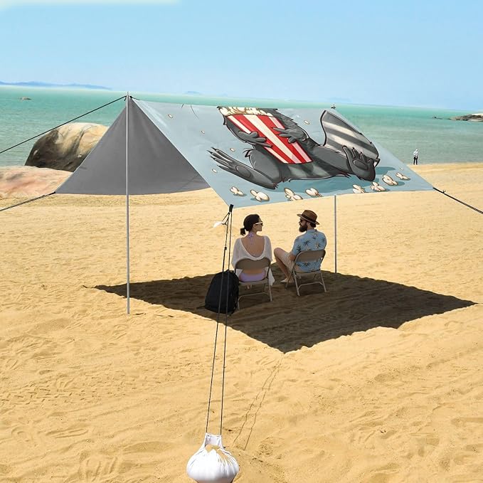 ALAZA Cute Raccoon Popcorn Cartoon Beach Tent Sun Shelter UPF50+ Protection Beach Shade Canopy w/ 4 Sandbags for Outdoor Camping Fishing Backyard Fun Picnic 10x9 ft