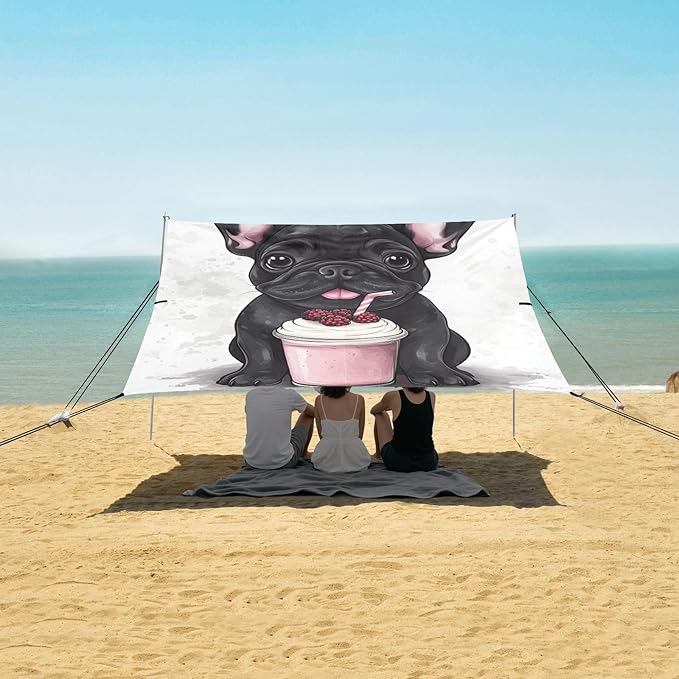 ALAZA Cute Cartoon French Bulldog with Smoothie Beach Tent Sun Shelter Portable Canopy Sunshade for Outdoor Camping Picnics Backyard Fun 10x9 ft