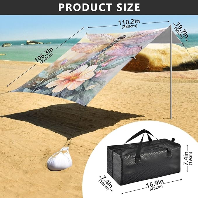 ALAZA Watercolor Dragonfly Flower Leaves Beach Tent Sun Shelter Portable Canopy Sunshade for Outdoor Camping Picnics Backyard Fun 10x9 ft