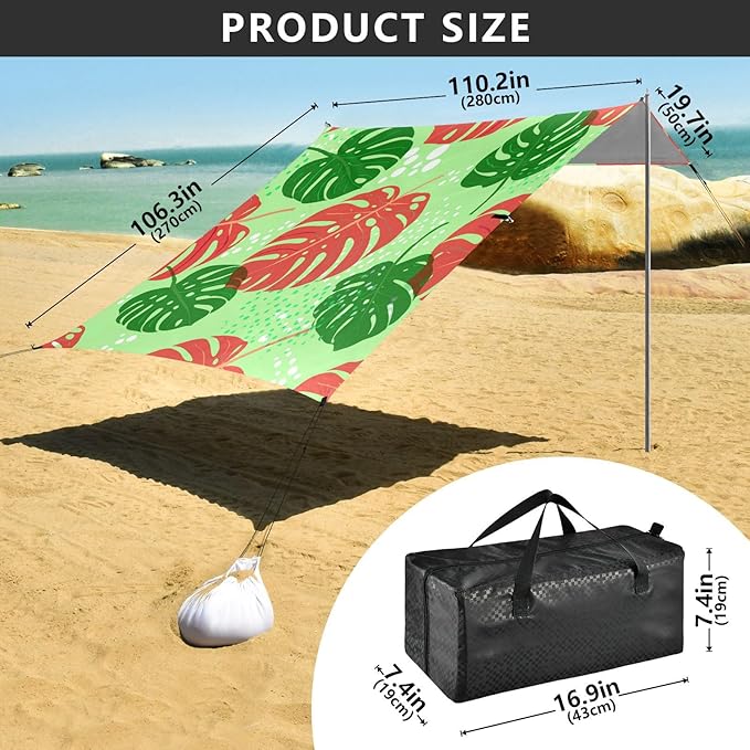 Beach Canopy with Windproof Ropes &amp Sandbags Beach Tent Sun Shade Sun Shelter for Camping Trips Fishing Backyard Fun or Picnics Leaf