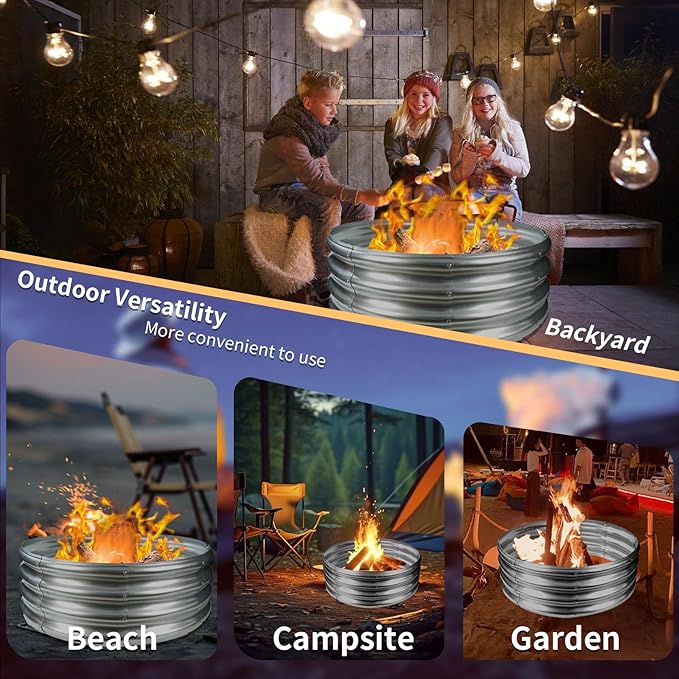 YSEJOMP 32 Inch Diameter Round Galvanized Fire Pit Ring/Fire Ring - Foldable and Perfect for Outdoor Gatherings and Campfires in The Yard/Garden/Park/Beach (Silver 2.7 FT Diameter)