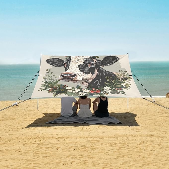 ALAZA Cow Portrait Wreath Beach Tent Sun Shelter UPF50+ Protection Beach Shade Canopy w/ 4 Sandbags for Outdoor Camping Fishing Backyard Fun Picnic 10x9 ft