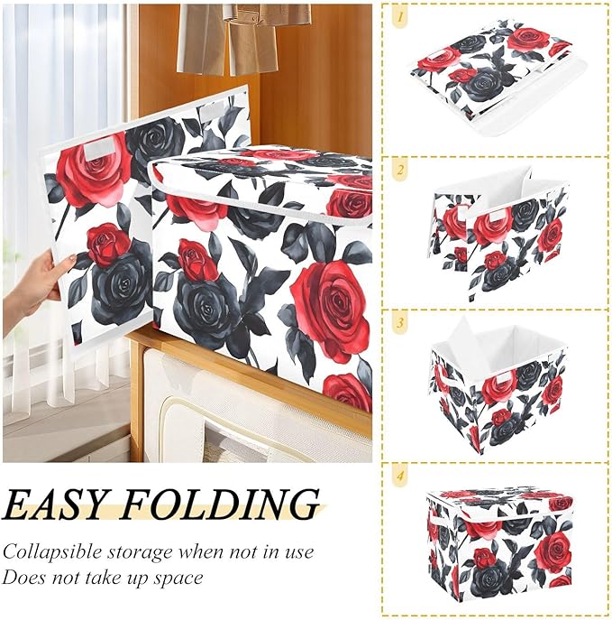 AIXIWAWA Lidded Storage Cube (Rose Red Black) Fabric Foldable Closet Bins with Flip Lid and Handles Organizer Basket Container 16.5 x 12.6 x 11.8 IN
