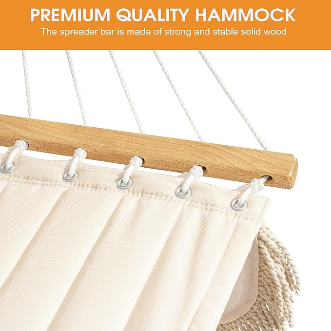 Lazy Daze Hammocks 12 FT Double Quilted Fabric Hammock with Hardwood Spreader Bar Tassels Soft Pillow Chains 2 Person Hammock for Outside Patio Backyard Poolside 450 LBS Weight Capacity Cream