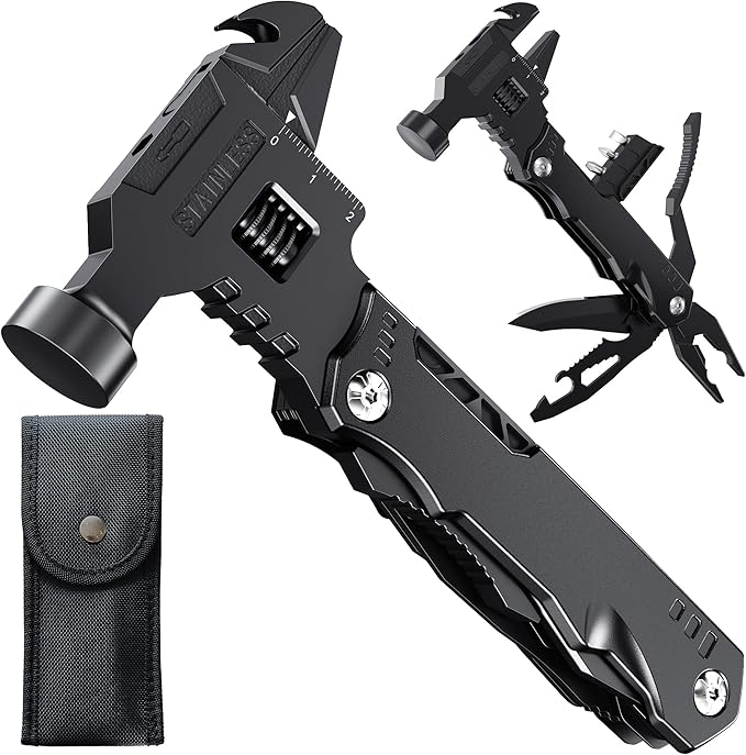 Hammer Multitool Knife 16-in-1 Adjustable Wrench Multipurpose Tool with Multitool PliersScrewdriversBottle OpenerCan Opener Etc For Men Who HuntCampingHikingExploringFishingDIYHome Daily-Use