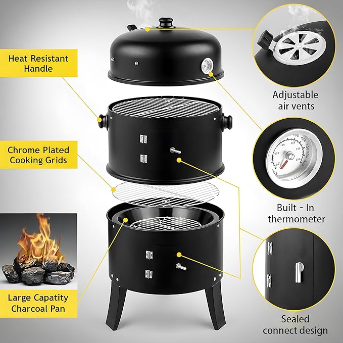 16 Inch Charcoal Smoker 3-in-1 Meat Smoker Grill with Thermometer &amp Dual Cooking Racks Portable Outdoor BBQ Smoker with 2 Access Doors Easy to Clean for Backyard Camping &amp Parties