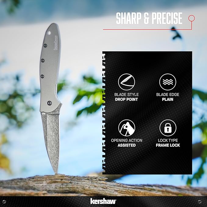 Kershaw Leek BlackWash Pocket Knife (1660BLKW) 3 Sandvik 14C28N Steel Blade 410 Stainless Steel Handle BlackWash Finish SpeedSafe Assisted Open Frame and Tip Locks Reversible Pocketclip 3 OZ