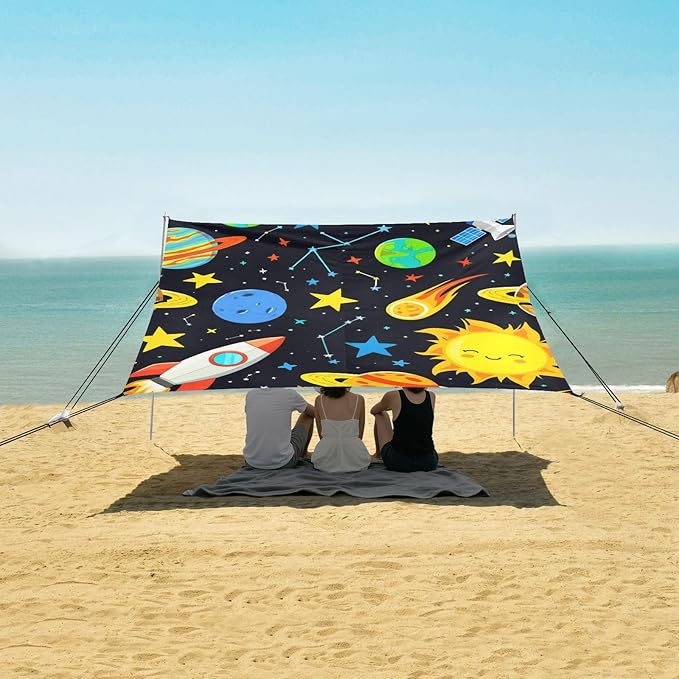 Beach Canopy with Windproof Ropes &amp Sandbags Beach Tent Sun Shade Sun Shelter for Camping Trips Fishing Backyard Fun or Picnics Planets