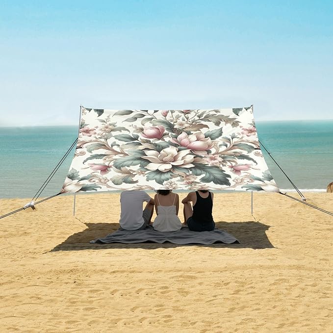 Retro Magnolia Flowers Beach Tent Sun Shelter Set UPF50+ UV Protection 10.5 x 9.19 FT Camping Shade Canopy with Sandbags Sand Anchors Carrying Bag and Others
