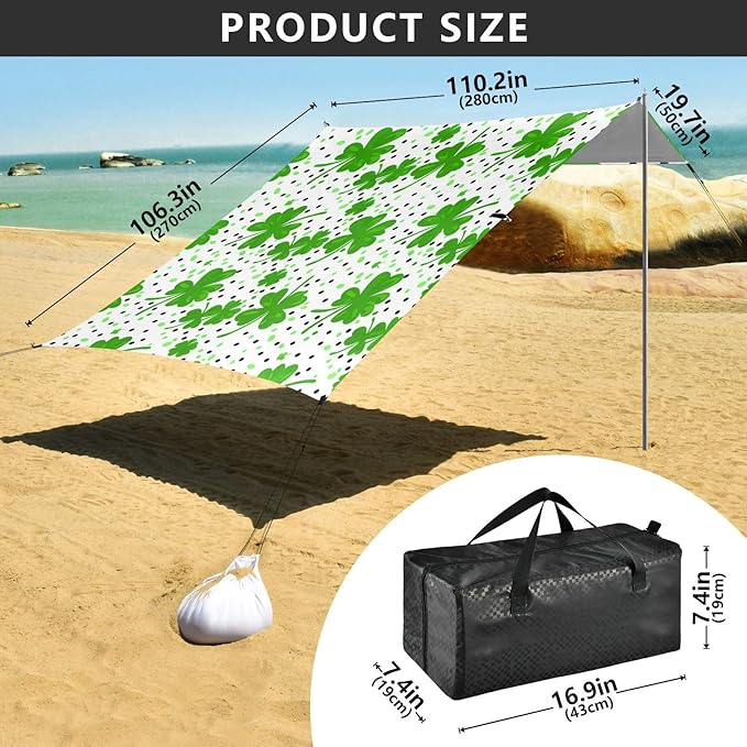 Beach Canopy with Windproof Ropes &amp Sandbags Beach Tent Sun Shade Sun Shelter for Camping Trips Fishing Backyard Fun or Picnics St. Patrick's Day Clover