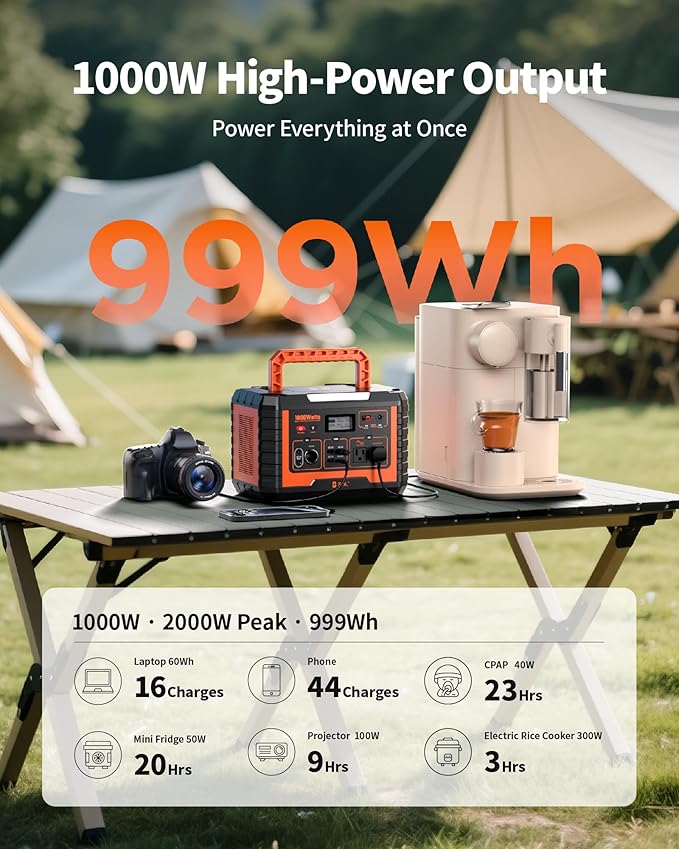 EBL Portable Power Station 1000W 999Wh Solar Generator 2000W Peak AC/Wireless Charging/60W USB-C Output Lithium Battery for Emergency Home Backup Camping RV Off-Grid Living