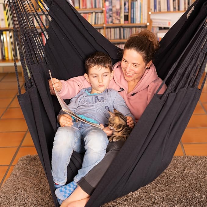 LA SIESTA - XL King Habana Cotton Hammock &amp Romano Steel Stand - Indoor Outdoor Hanging Chair Swing for Bedroom Porch Balcony - Boho Hanging Chair - Onyx