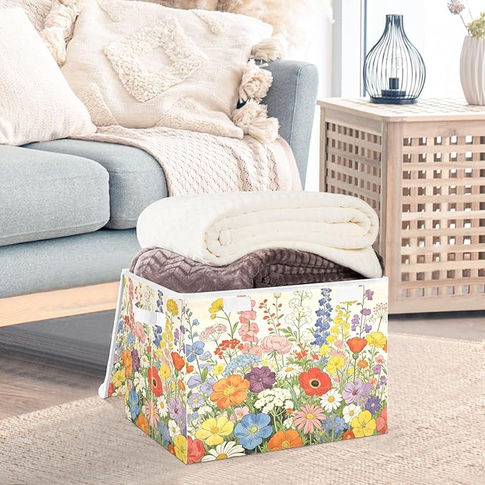 Spring Wildflowers Yellow Storage Box with Lid 1 PC Foldable Storage Bin with Lids Stackable Storage Bins Cube Closet Organizer Basket with Flip-Top Lid &amp Handles for Shoes Books Towels
