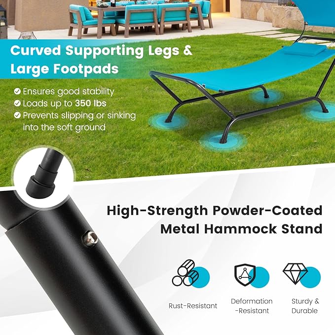 Tangkula Hammock with Stand Included Heavy Duty Outdoor Hammock with Adjustable Canopy Rustproof Metal Stand Pillow Storage Pocket Hammock Bed with Stand for Backyard Lawn Poolside (Blue)