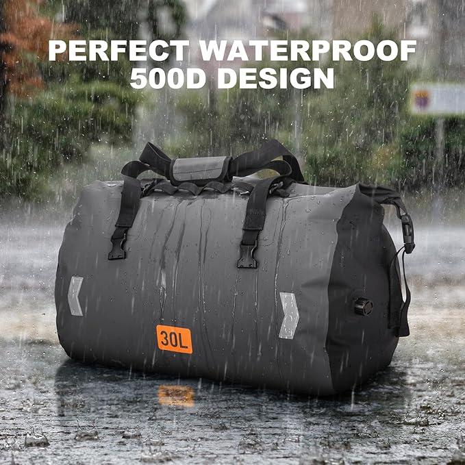 OCKLILY Waterproof Dry Bag 30L Roll-top Motorcycle Tail Bag with Air Valve &amp Quick-fixed Straps Travel Duffle Bags for Kayaking Paddle Boarding Rafting Boating Camping Riding Fishing - Grey