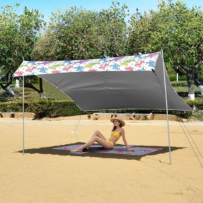 ALAZA Cute Shark Bubble Rainbow Color Beach Tent Sun Shelter UPF50+ Protection Beach Shade Canopy w/ 4 Sandbags for Outdoor Camping Fishing Backyard Fun Picnic 10x9 ft