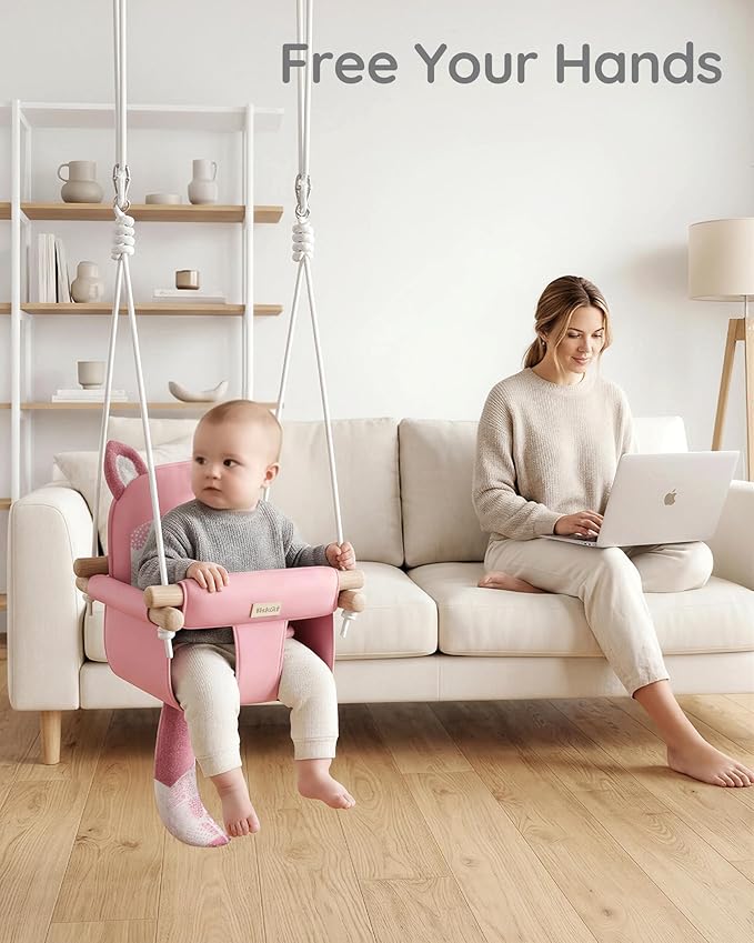 Wooden Baby Swing with Safety Belt - Adjustable Infant &amp Toddler Swings for Indoor/Outdoor Use Includes Mounting Hardware (Fox Design Pink)