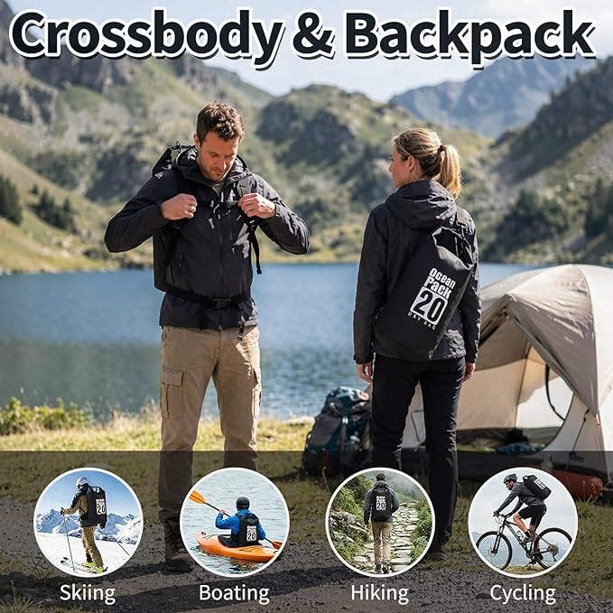 Waterproof Backpack 20L Roll Top Closure Dry Bag Water Proof Black Lightweight Floating Dry Bag for Kayaking Boating Hunting Durable Hiking Backpack with IPX8 Waterproof Phone Pouch-Black 7