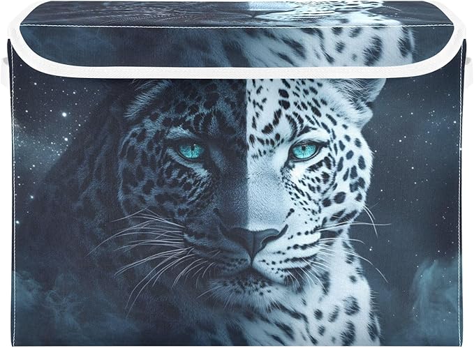Storage Cube with Lid White Black Leopard Print 16.5×12.6×11.8 IN Collapsible Large Capacity Foldable Storage Basket Bin Organizer