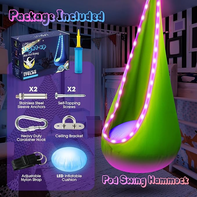 Light Up Kids Pod Swing Seat Upgraded Kids Hanging Hammock Swing with LED Lights Cotton Sensory Pod Swing Chair with Inflatable Pillow Pod Swing for Kids Indoor &amp Outdoor (1 PCS) (Green)