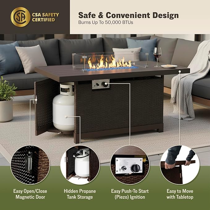 52 Inch Outdoor Fire Pit Table 50000 BTU Propane Fire Pits with Wind Guard and Fire Glass CSA Certified Patio Fire Table Rectangular Aluminum Rattan Fire Table for Outside Patio Backyard Brown