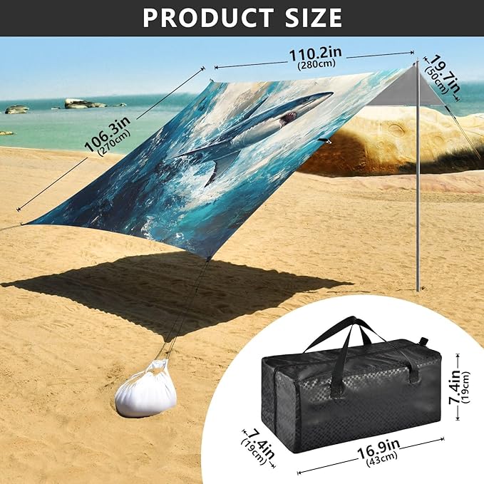 Fierce Shark Beach Tent Sun Shelter Set UPF50+ UV Protection 10.5 x 9.19 FT Camping Shade Canopy with Sandbags Sand Anchors Carrying Bag and Others