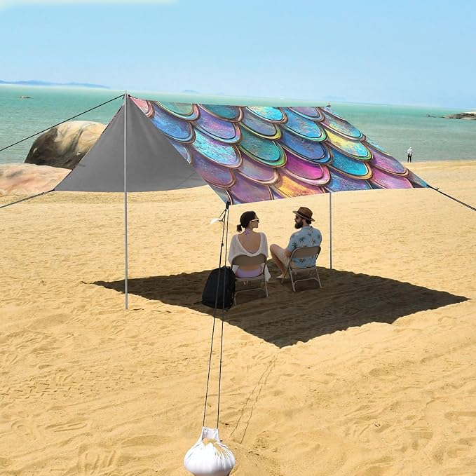 ALAZA Gradient Mermaid Scales Beach Tent Sun Shelter UPF50+ Protection Beach Shade Canopy w/ 4 Sandbags for Outdoor Camping Fishing Backyard Fun Picnic 10x9 ft