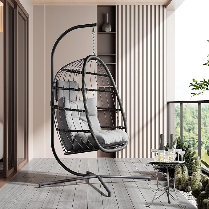 HWB Hanging Egg Chair with Stand Patio Wicker Egg Swing Chair with Cushion for Bedroom Garden Indoor Outdoor (Grey)