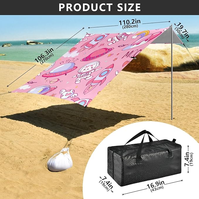 Beach Canopy with Windproof Ropes &amp Sandbags Beach Tent Sun Shade Sun Shelter for Camping Trips Fishing Backyard Fun or Picnics Space Cats